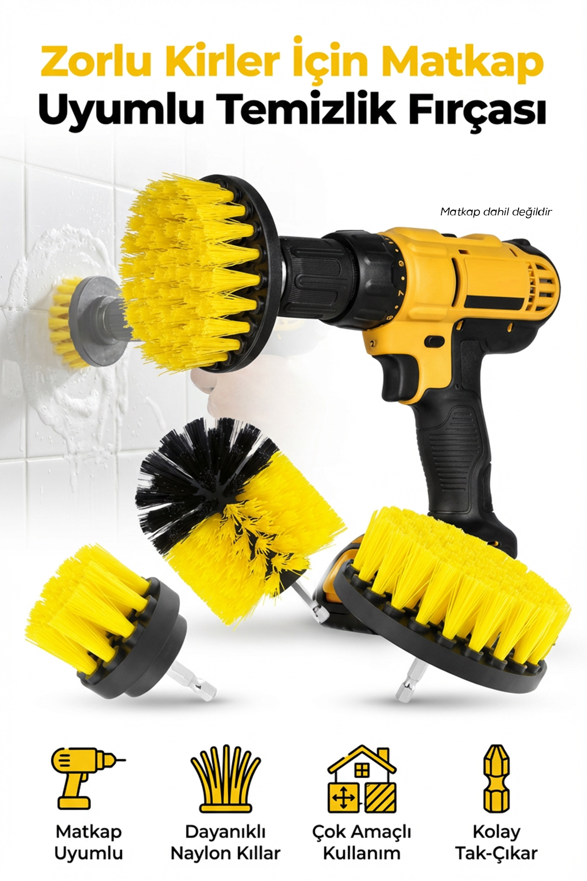 3lü Matkap Ucu Banyo Küvet Duşakabin Araba Tekerliği Koltuk Yıkama Temizleme Fırçası Seti