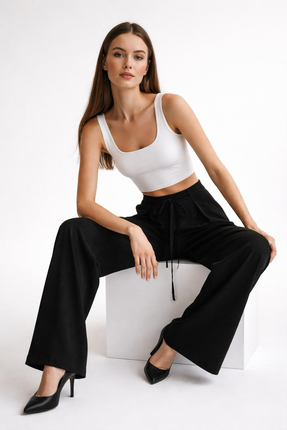 Sagre&Sisters Bel Bağlama Detaylı Geniş Paça Basic Model Siyah Pantolon-Rahat...