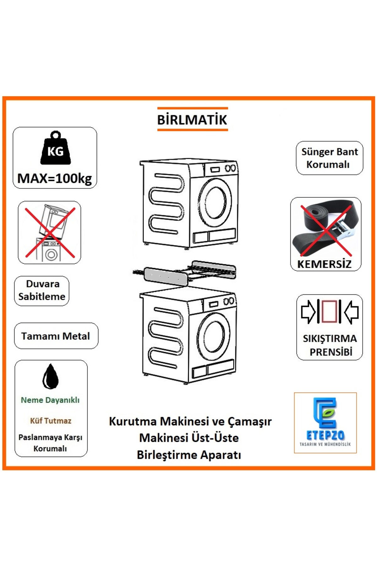 etepzo Kurutma Makinesi ve Yıkama Makinesi Üst-Üste Birleştirme Aparatı Metal&Kemersiz BİRLMATİK (Gri)