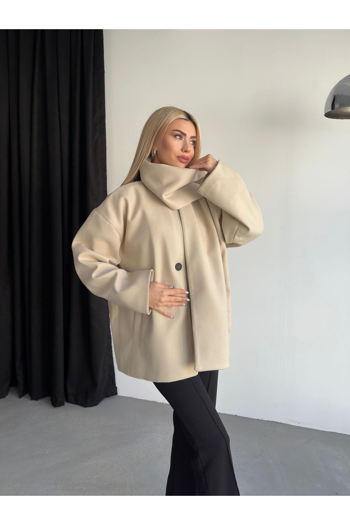 ParlaMira  Kadın Taş Rengi Şal Detaylı Pamuksu Dokulu Premium Kaşe Kaban