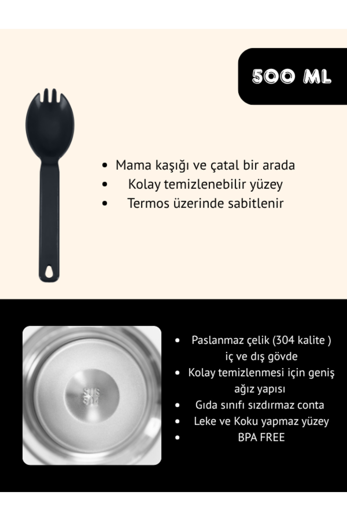 Star Termos Yemek & Mama Termosu 500 ml - SİYAH | 8 Saat Sıcak, 12 Saat Soğuk 48 Saat Buz Tutma fotoğrafı 4 (önizleme)