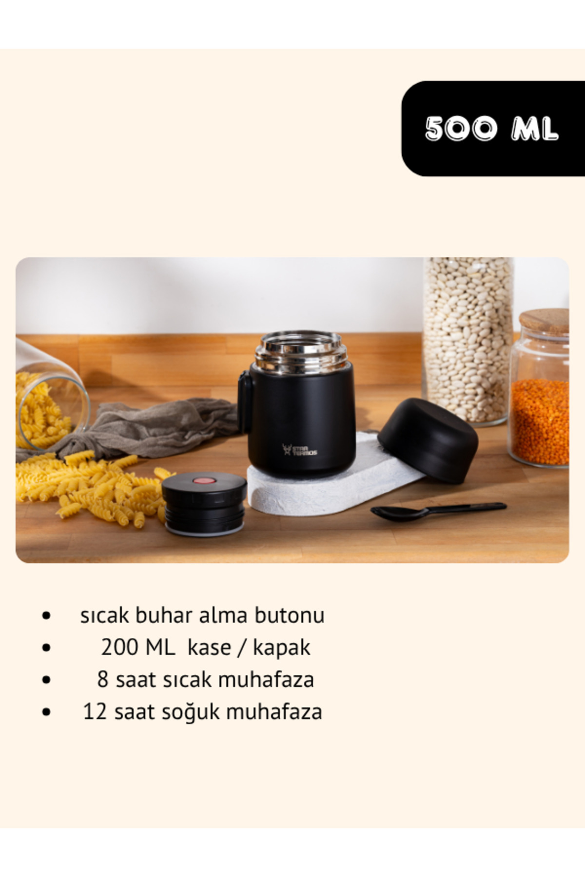 Star Termos Yemek & Mama Termosu 500 ml - SİYAH | 8 Saat Sıcak, 12 Saat Soğuk 48 Saat Buz Tutma fotoğrafı 3 (önizleme)