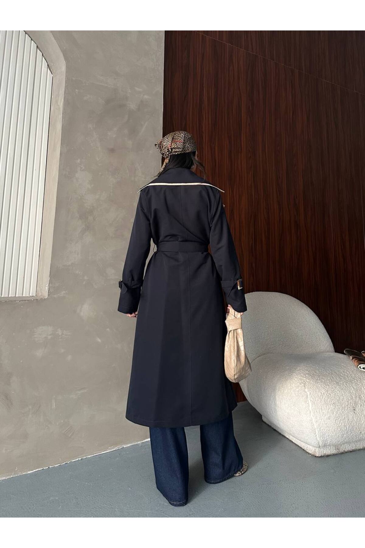 Kadın Ceket Yaka Premium Trençkot - Şık ve Konforlu Lacivert