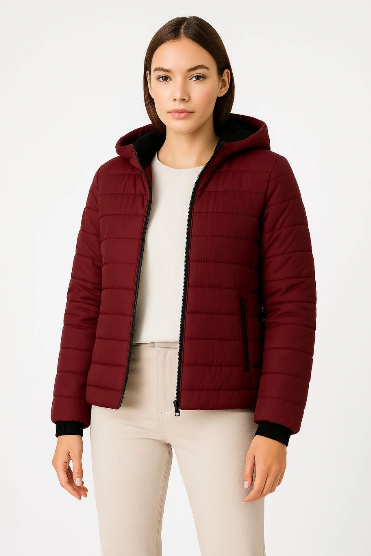 pilelistore Şişme Kapüşonlu Fermuarlı Mont Su itici Kapitone Astarlı Kumaş Cepli Kışlık Rahat Kalıp - Bordo fotoğrafı 5 (önizleme)