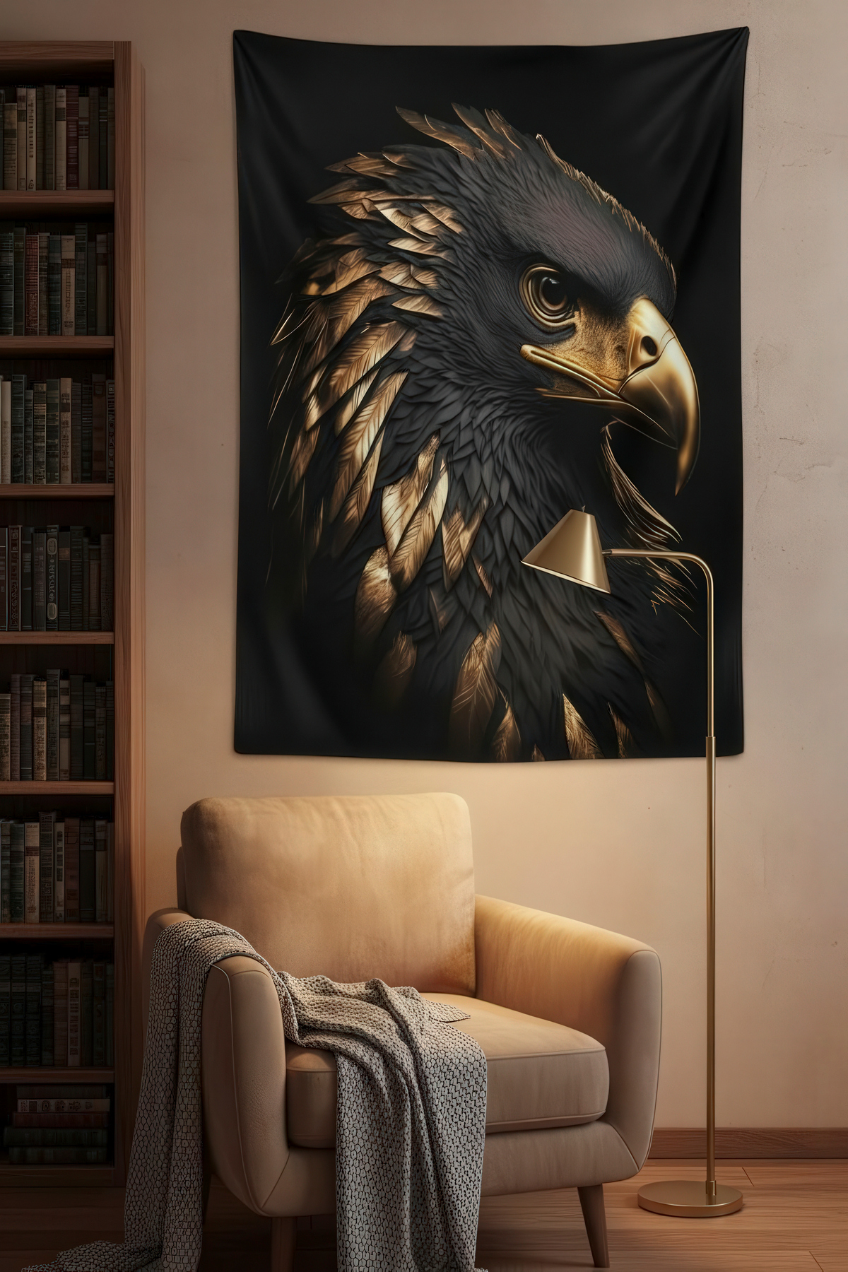 Gold Feathered Eagle Head Portrait Fabric Wall Cover Home Decoration Tapestry