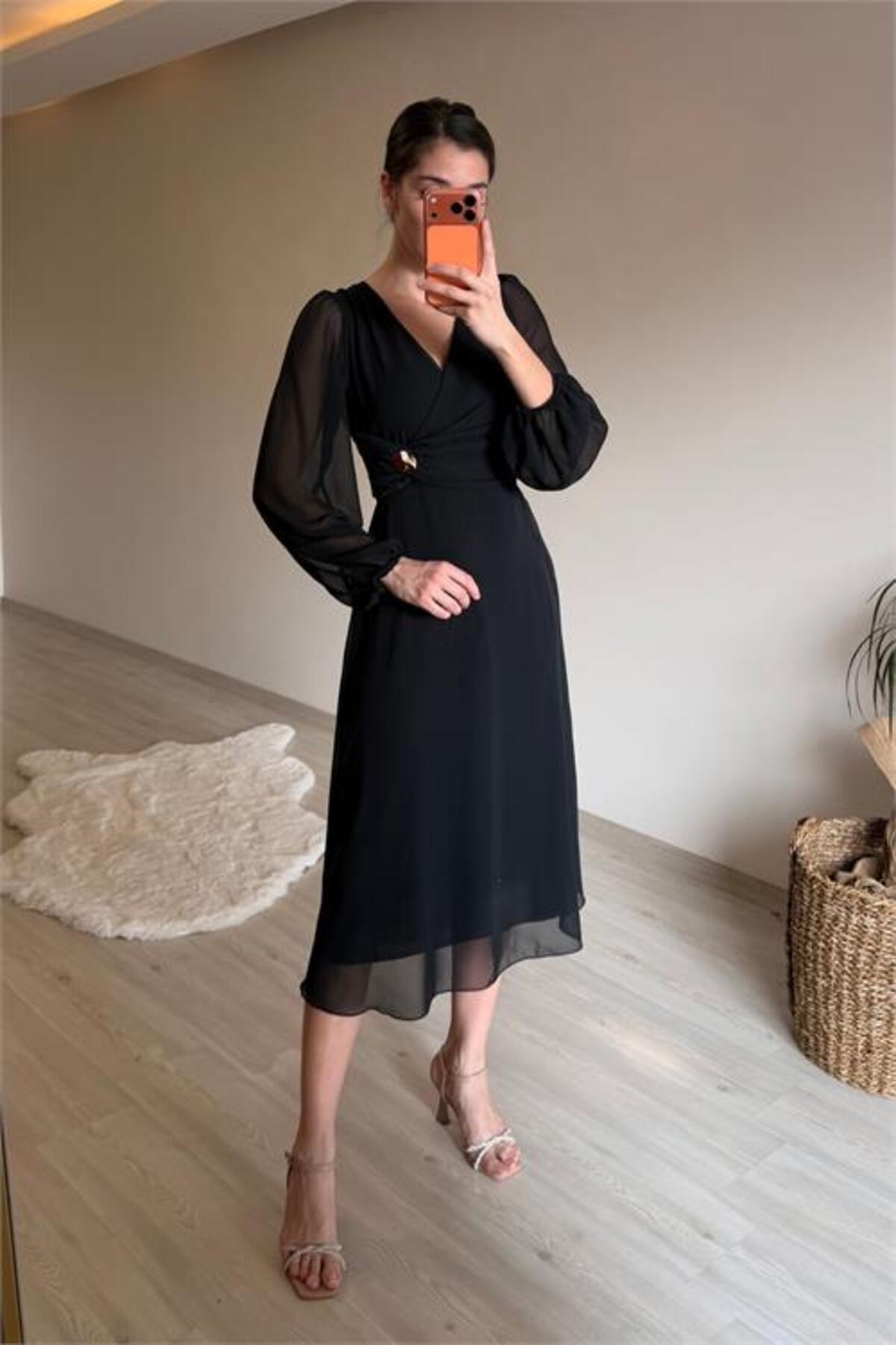 women's draped gold buckle detail midi size chiffon dress NM025