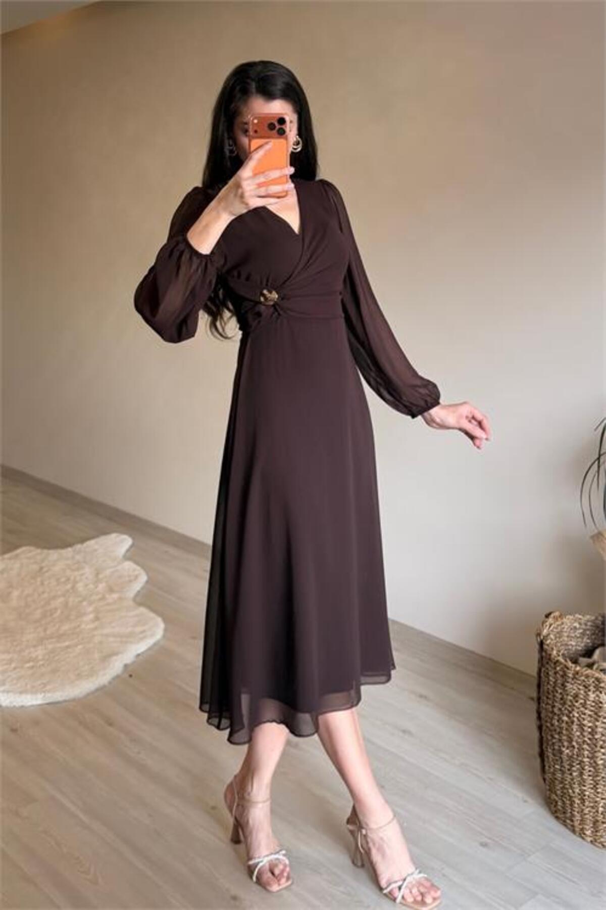 women's draped gold buckle detail midi size chiffon dress NM025