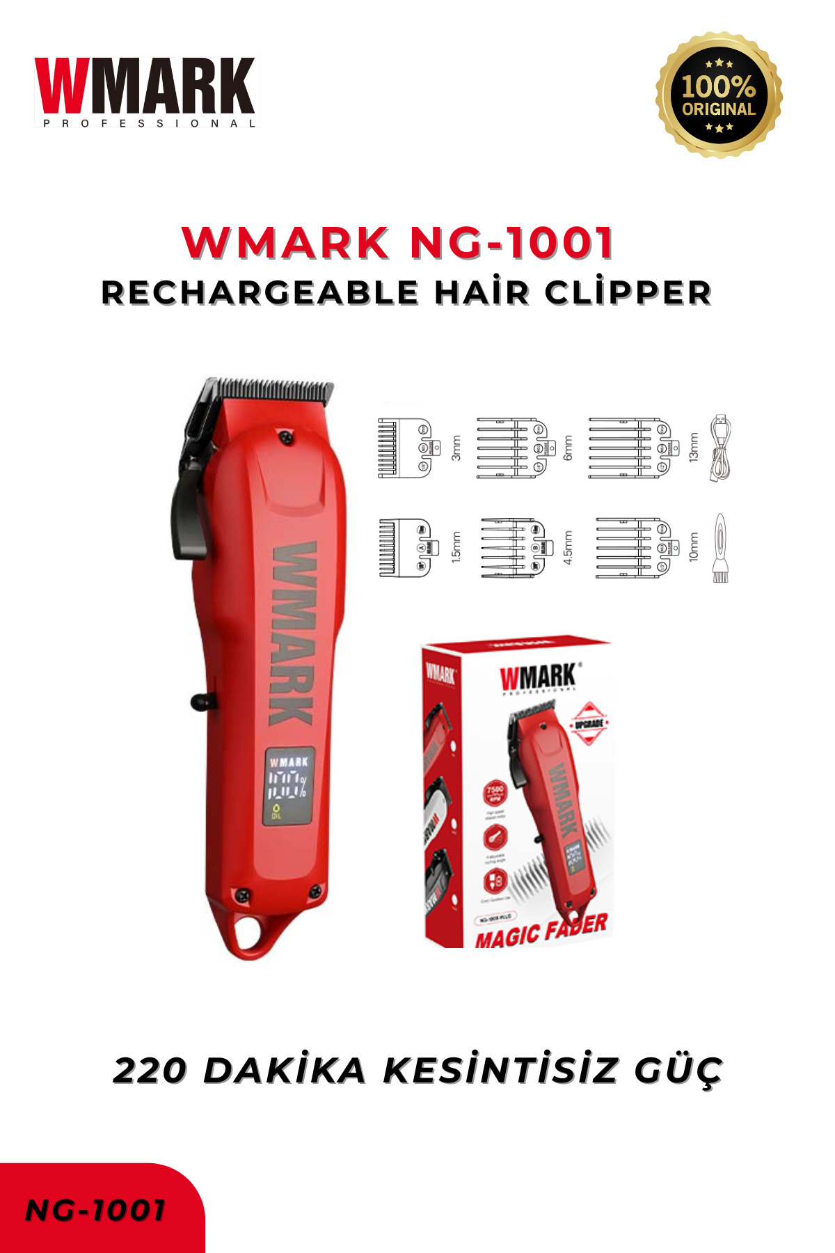 Wmark NG-1001 Şarjlı Saç Kesme Makinesi Bordo| LED Ekran, Uzun