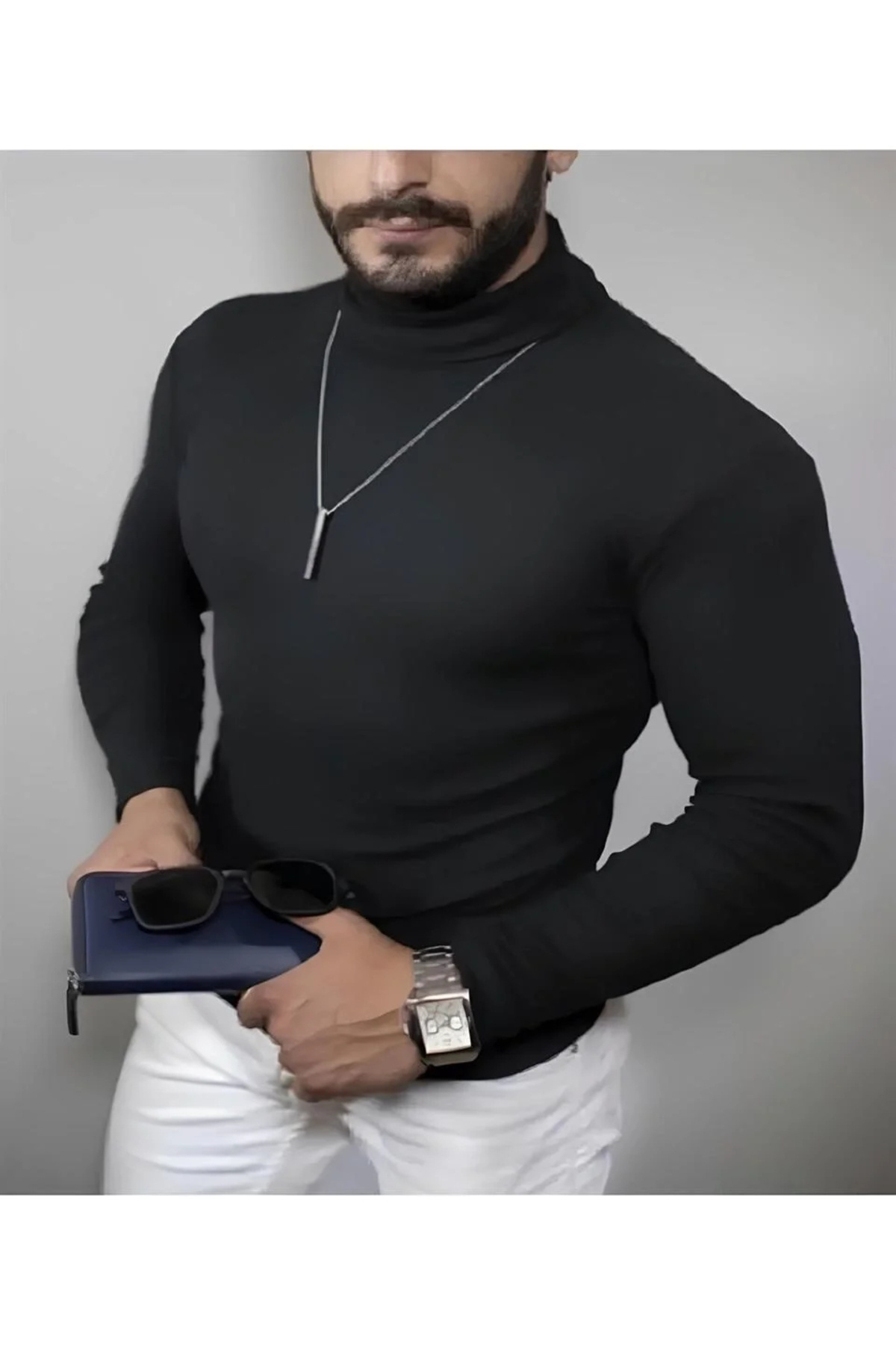 mzpkartan Erkek Kaşkorse Boğazlı Full Likralı Fitilli Body Kazak - Siyah