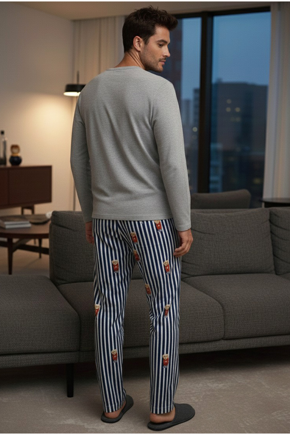 Siyah İnci  gri melanj Ayıcık Baskılı Çizgi Desenli Uzun Kollu Örme Erkek Pijama Takım 7959 - Görsel 3