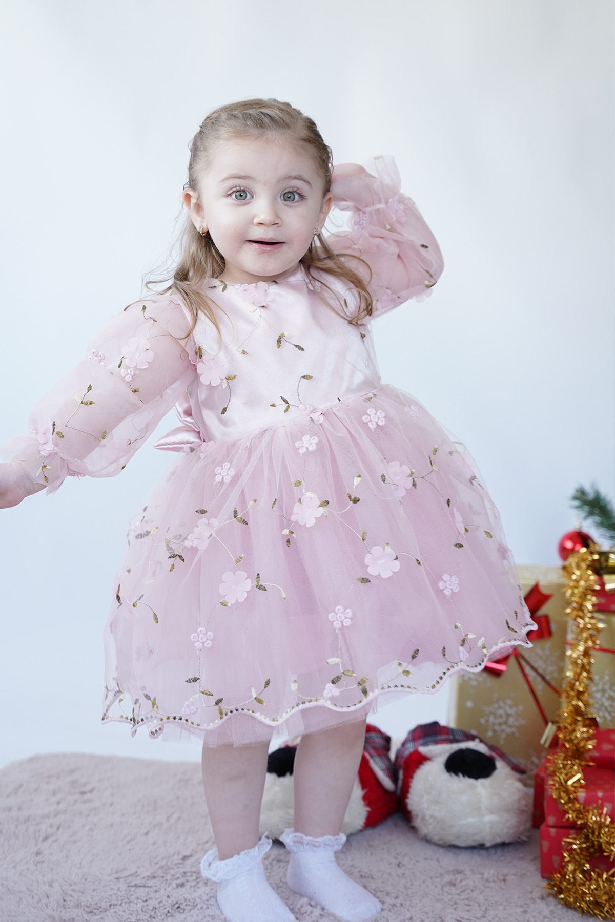 ALYRA Kız Bebek Elbise Uzun Kollu 3D Çiçekli Vintage Fiyonklu Doğum Günü Parti Düğün Özel Gün Çocuk Elbise fotoğrafı 2 (önizleme)