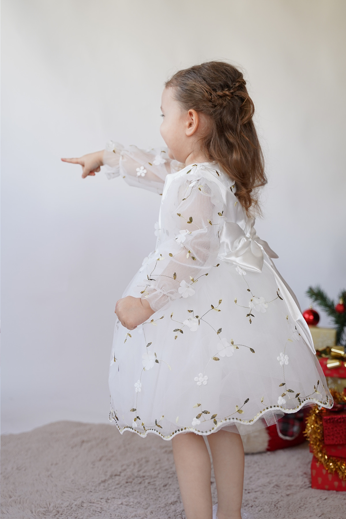 ALYRA Kız Bebek Elbise Uzun Kollu 3D Çiçekli Vintage Fiyonklu Doğum Günü Parti Düğün Özel Gün Çocuk Elbise fotoğrafı 2 (önizleme)