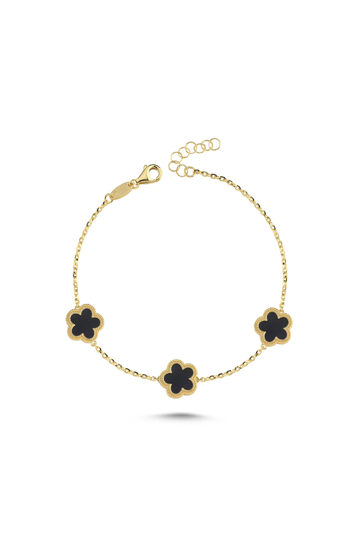 PIRLANT Çift Taraflı Siyah Beyaz 3 Çiçek Desenli Altın Bileklik