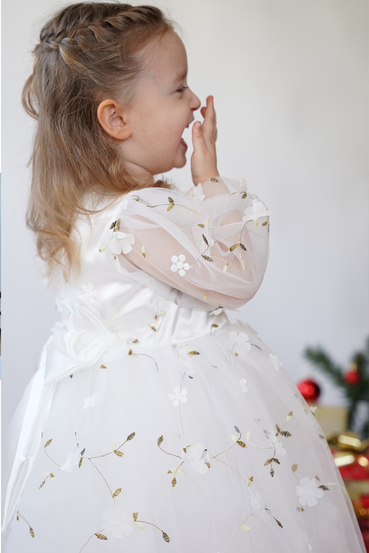 ALYRA Kız Bebek Elbise Uzun Kollu 3D Çiçekli Vintage Fiyonklu Doğum Günü Parti Düğün Özel Gün Çocuk Elbise fotoğrafı 3 (önizleme)