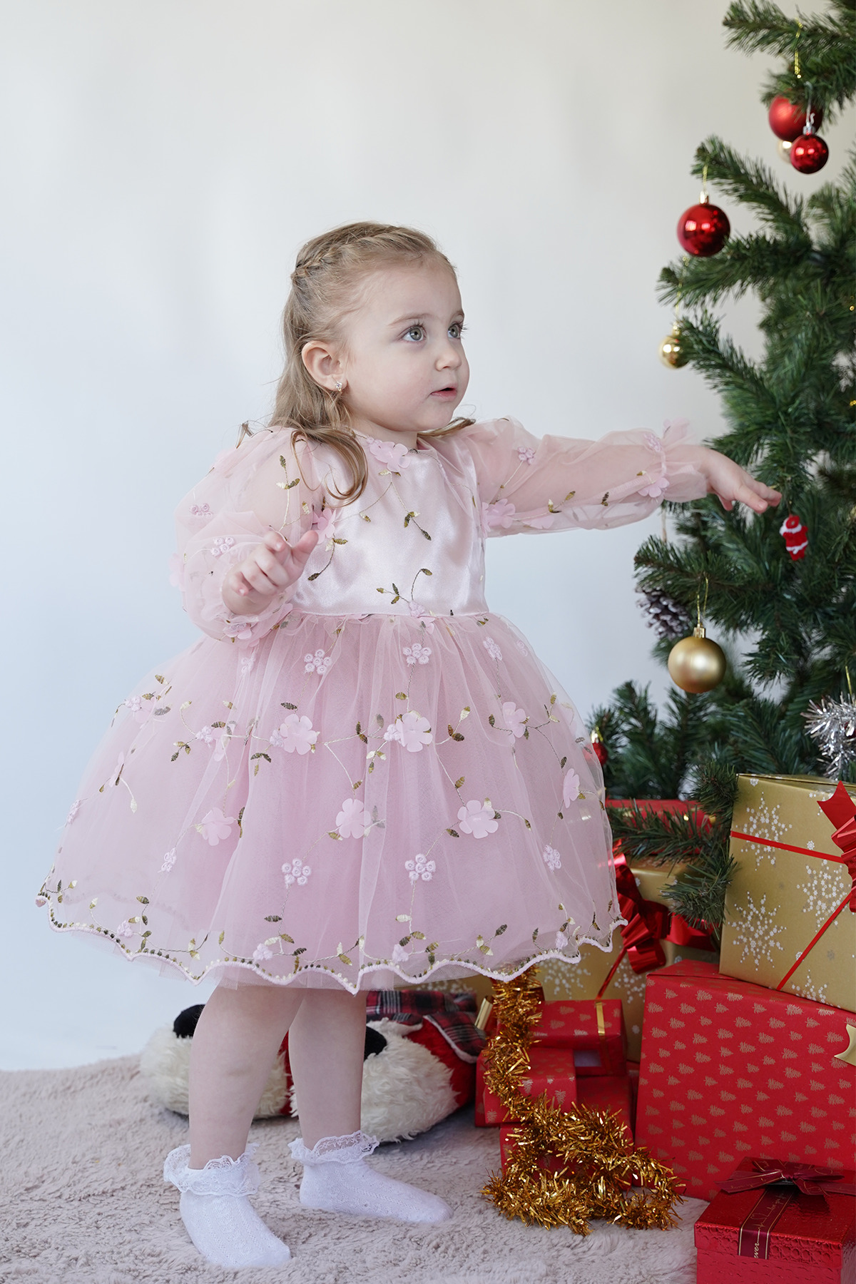 ALYRA Kız Bebek Elbise Uzun Kollu 3D Çiçekli Vintage Fiyonklu Doğum Günü Parti Düğün Özel Gün Çocuk Elbise fotoğrafı 6 (önizleme)