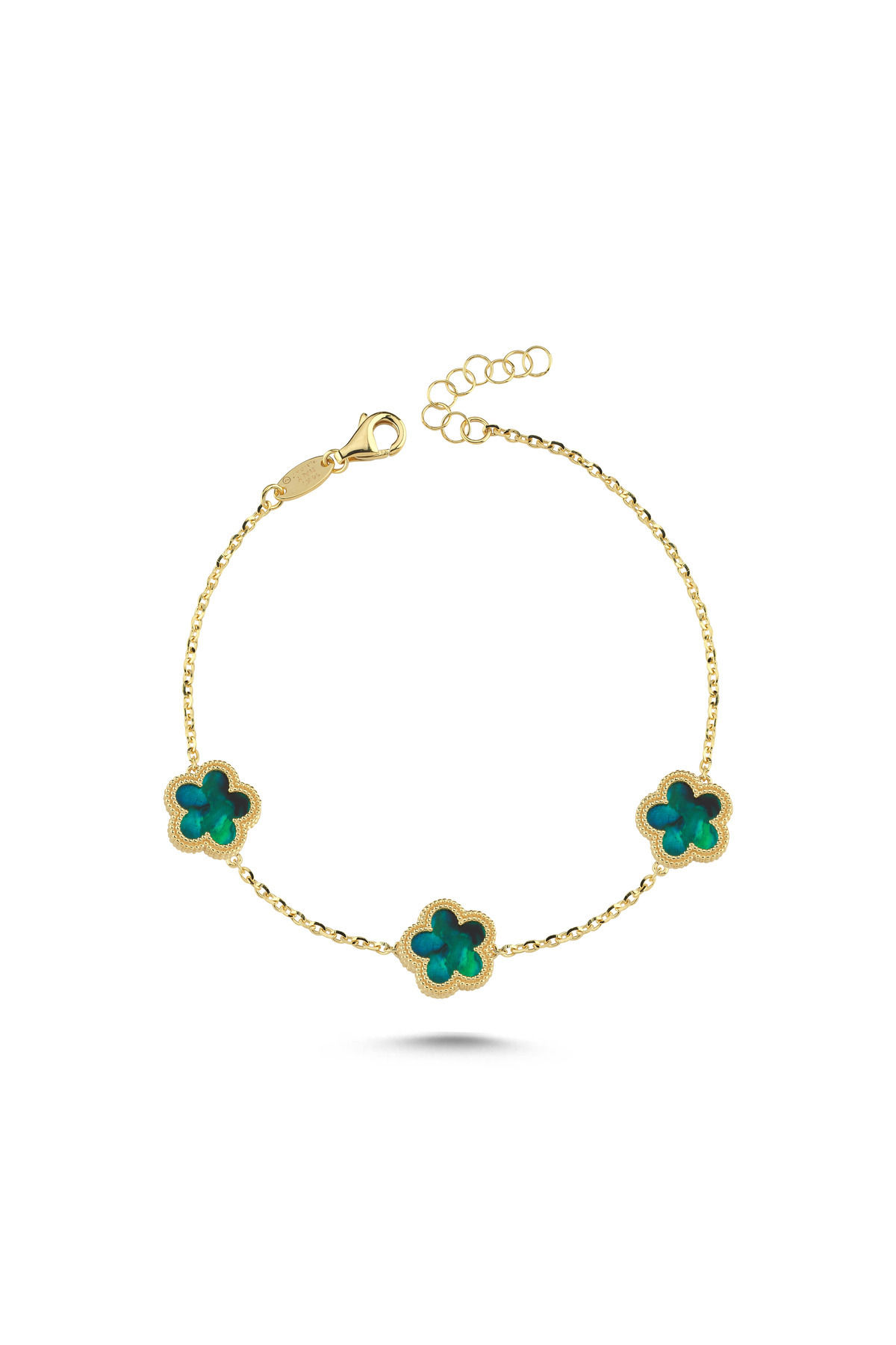 PIRLANT Çift Taraflı Yeşil Beyaz 3 Çiçek Desenli Altın Bileklik