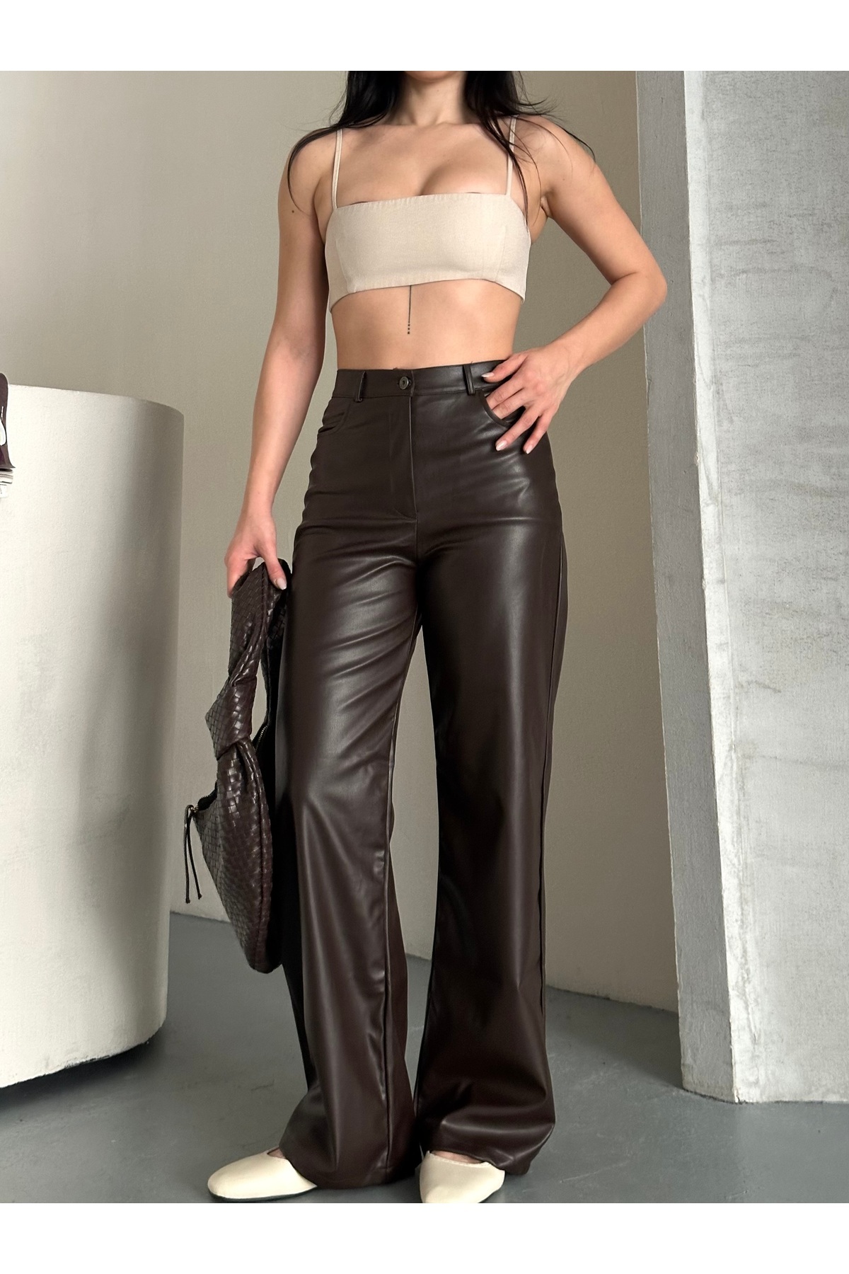 AREF JEANS  Kadın Kahverengi Deri Pantolon Kadın Deri Pantolon Kahve