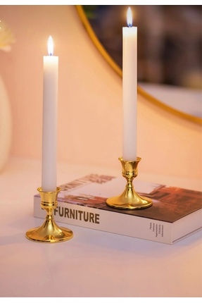 Jovi 2’li altin renk dekoratif şamdan seti şik metal mumluk