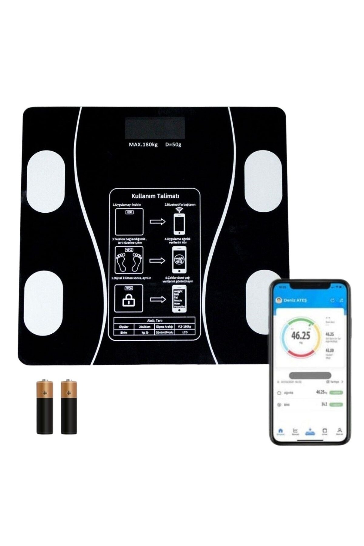 Angel Of Life ® Dijital Baskül Yağ Ölçer Fonksiyonlu Akıllı Baskül Bluetooth Bağlantılı Tartı