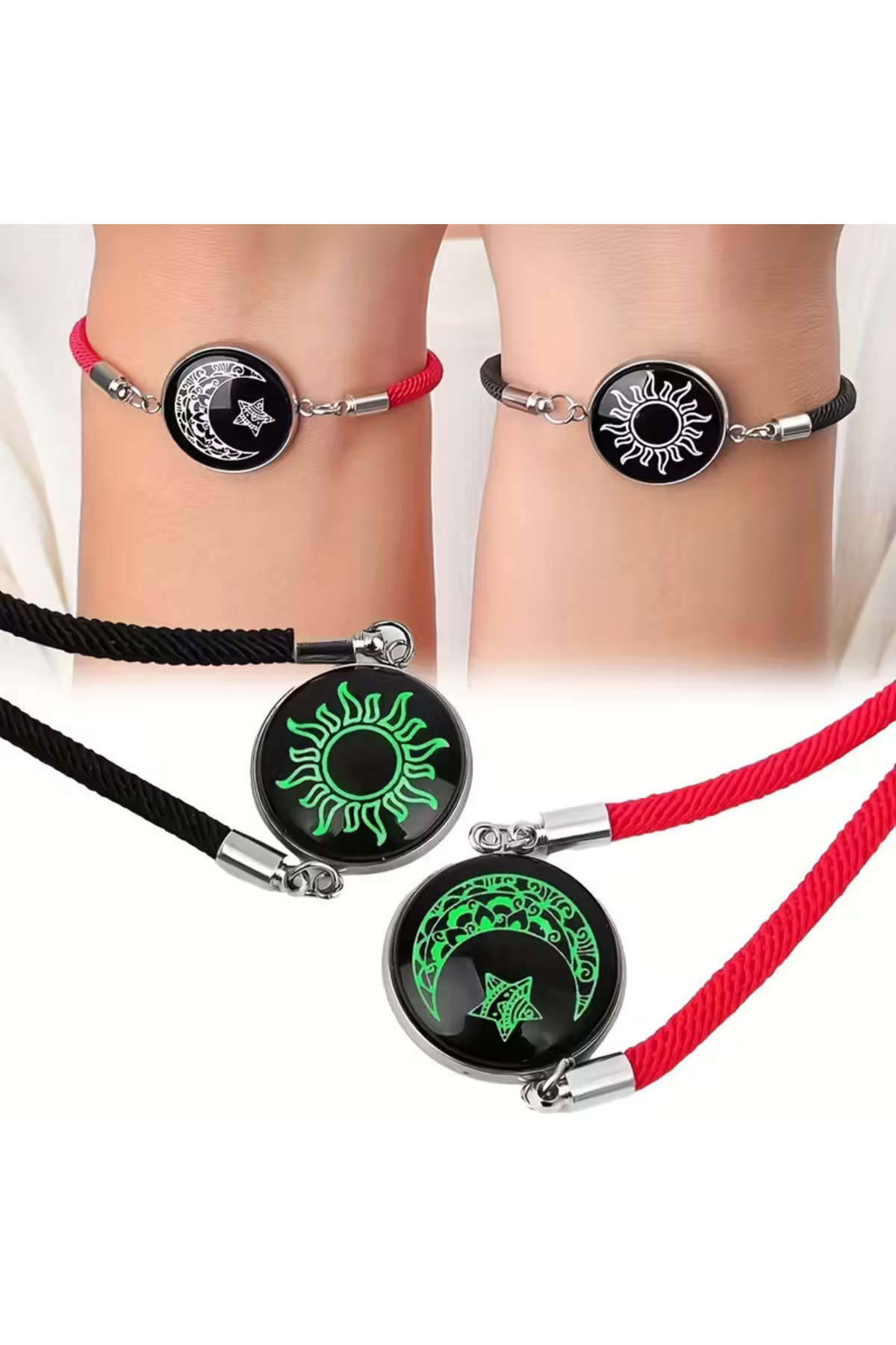 HBGSHOP 2'li Uzak Mesafe Karanlıkta Parlayan Sevgili Bilekliği - Güneş ve Ay Figürlü İpli Set