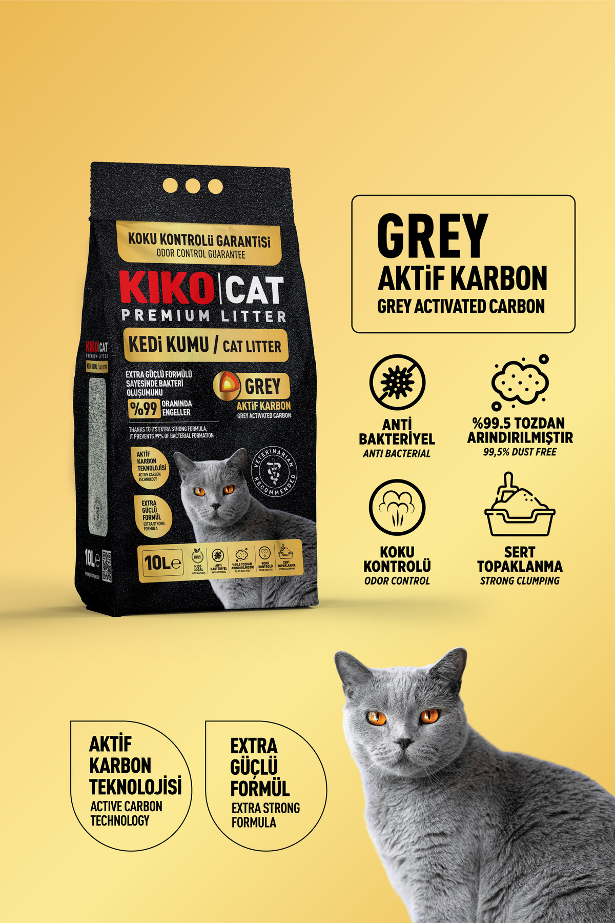 KIKO CAT GREY AKTİF KARBON PREMIUM BENTONİT KEDİ KUMU - 10L KIKO CAT GREY AKTİF KARBON PREMIUM BENTONİT KEDİ KUMU - 10L
