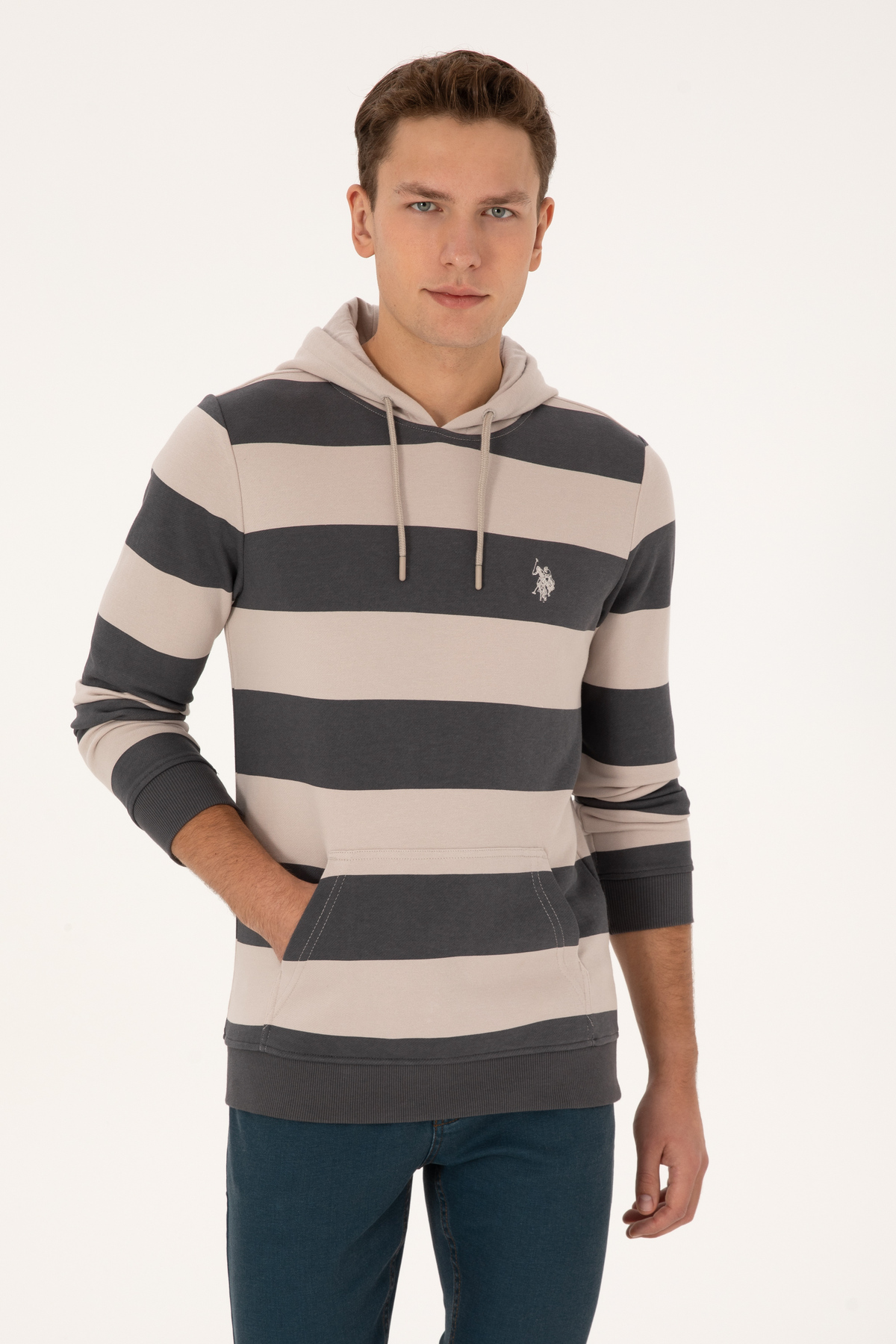 یو اس پولو سویشرت مردانه خاکستری کلاه‌دار سایز معمولی 50316366-VR024