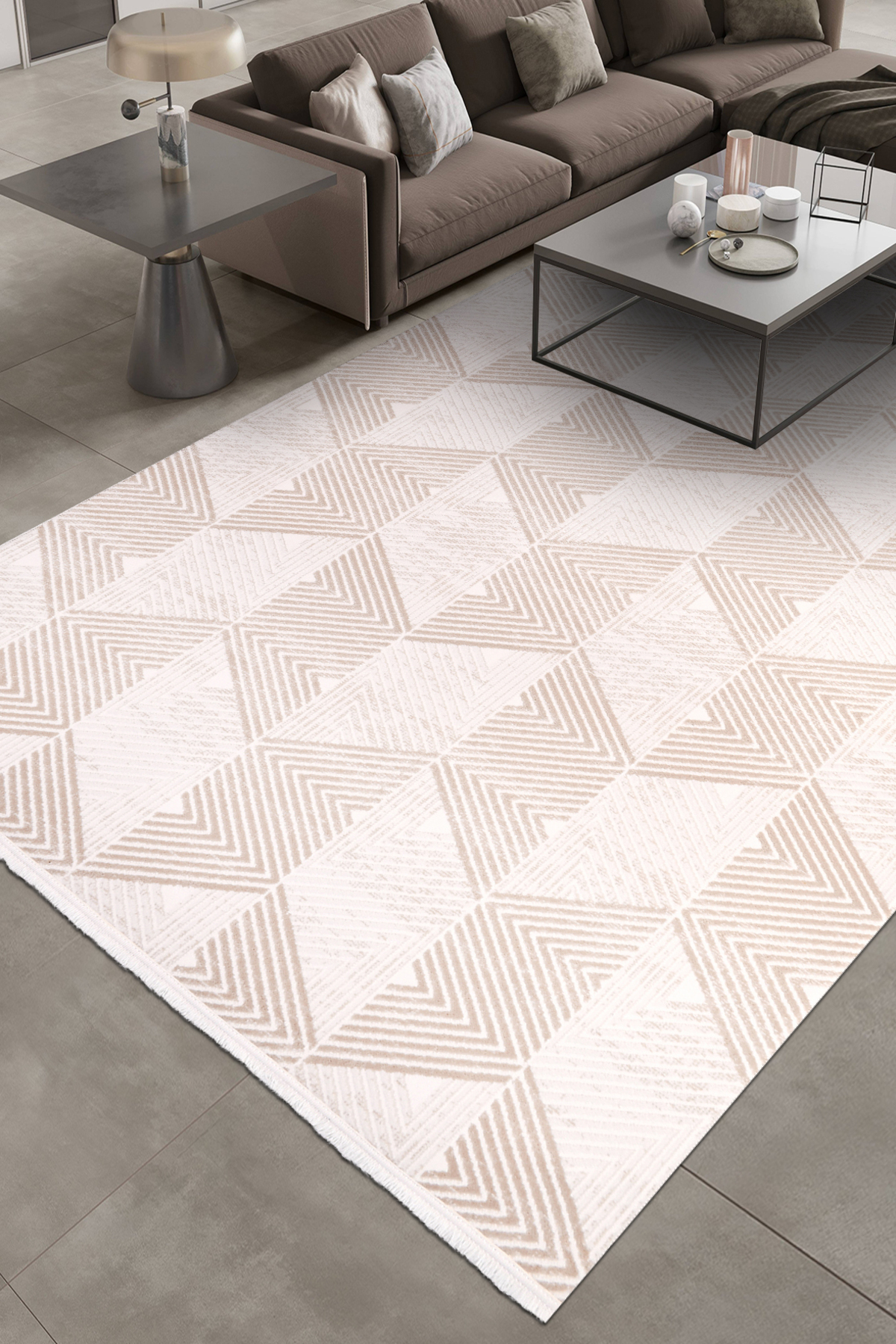 Filya-Cream/Coffee-Acrylic-Living Room,Living Room-Carpet–Robot Vacuum Cleaner-Easy Cleaning-Special Size-Geometric