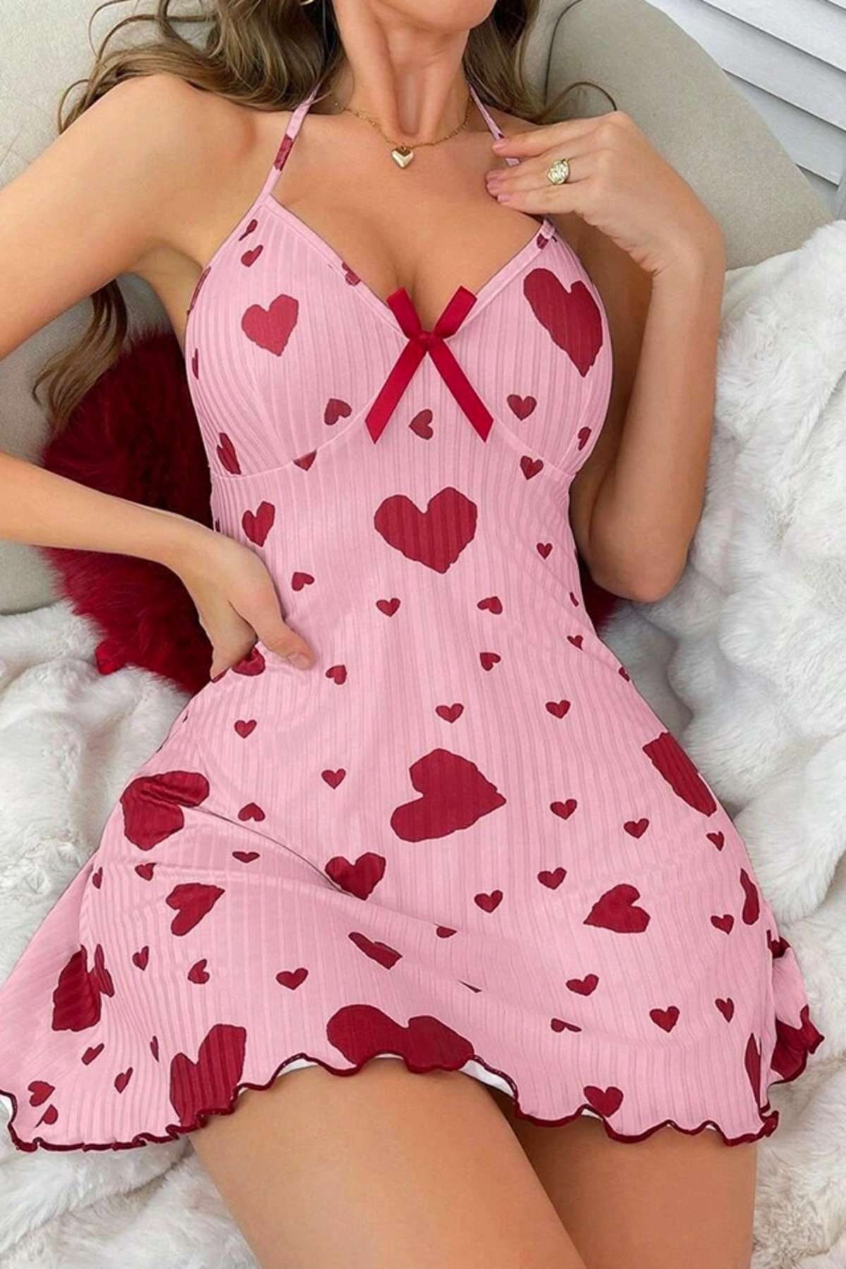 R RUSELİN Kadın Kalp Desenli Askılı Sırt Dekolteli Elbise Gecelik