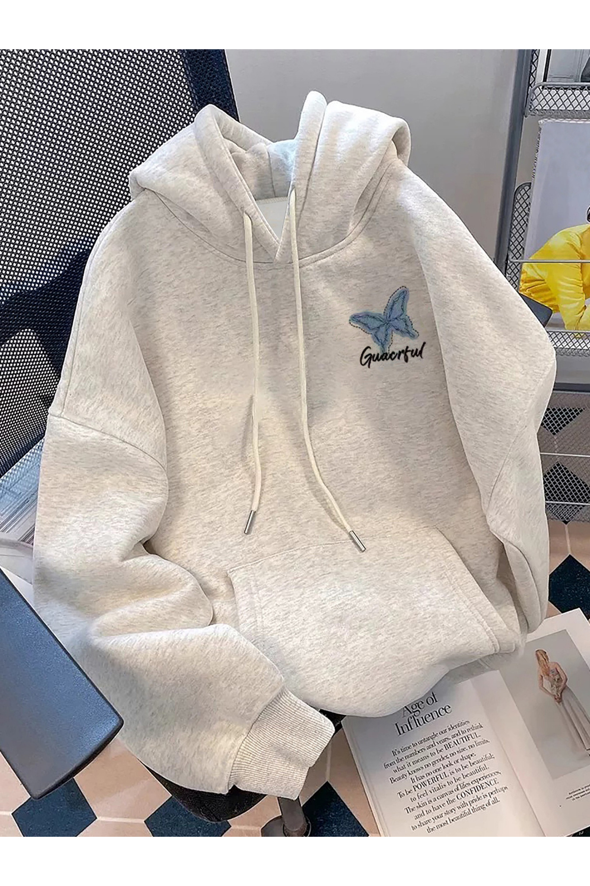 Marco Fresco  Unisex kelebek Baskılı 3İplik Kapüşonlu Sweatshirt - Görsel 2