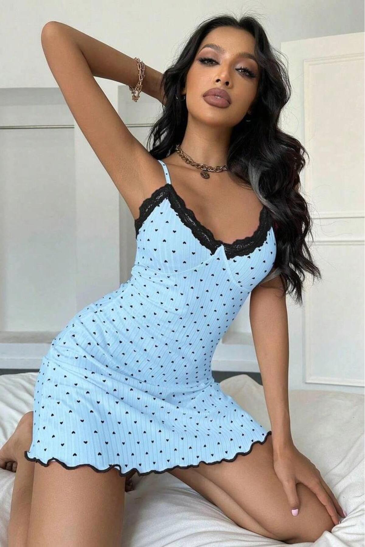 R RUSELİN Kadın Bebe Mavisi Kalp Desenli Askılı Dantel Detaylı Elbise