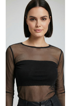 Giyimyol Kadın Siyah Transparan Tül Bluz