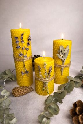 Terapi Bahçesi Doğal Bal Mumu Mum Seti – Lavanta & Adaçayı Süslemeli, El Yapı...