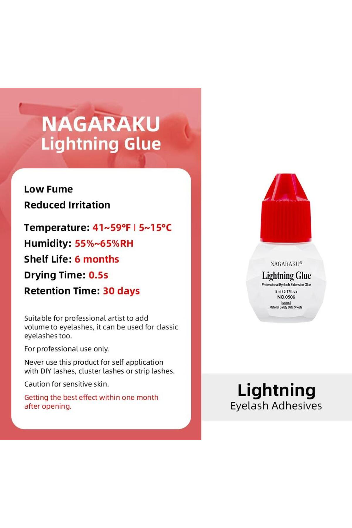 NAGARAKU İpek Kirpik Yapıştırıcısı Yıldırım tutkalı Kırmızı kapak 0.5 salise kuruma hızı