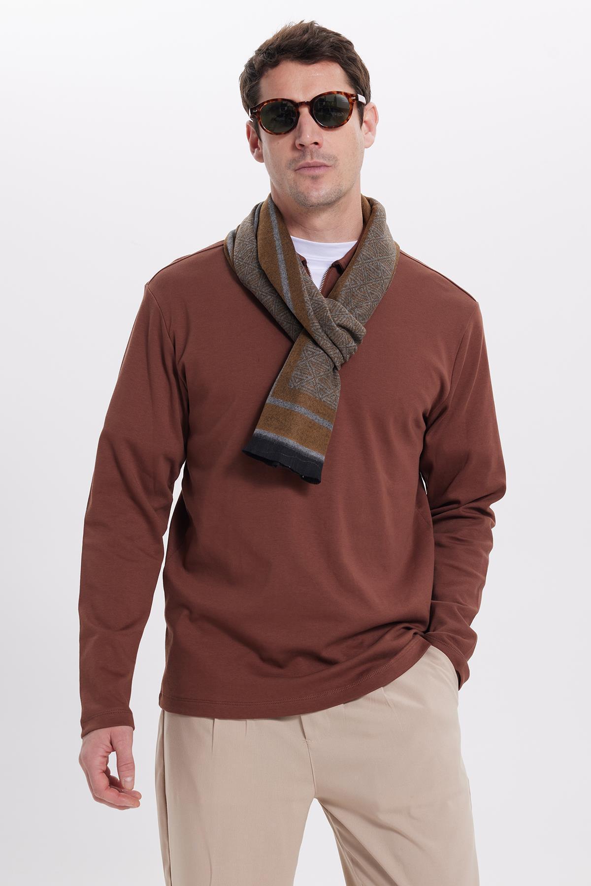 Tudors  Erkek Relax Fit Rahat Kesim %100 Pamuk Yarım Fermuarlı Polo Yaka Uzun Kollu Kahverengi Tişört - Görsel 7