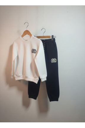 Minik Motion Çocuk Eşofman Takımı Rahat Kullanım 2 İplik Krem Siyah Kombin Ru...