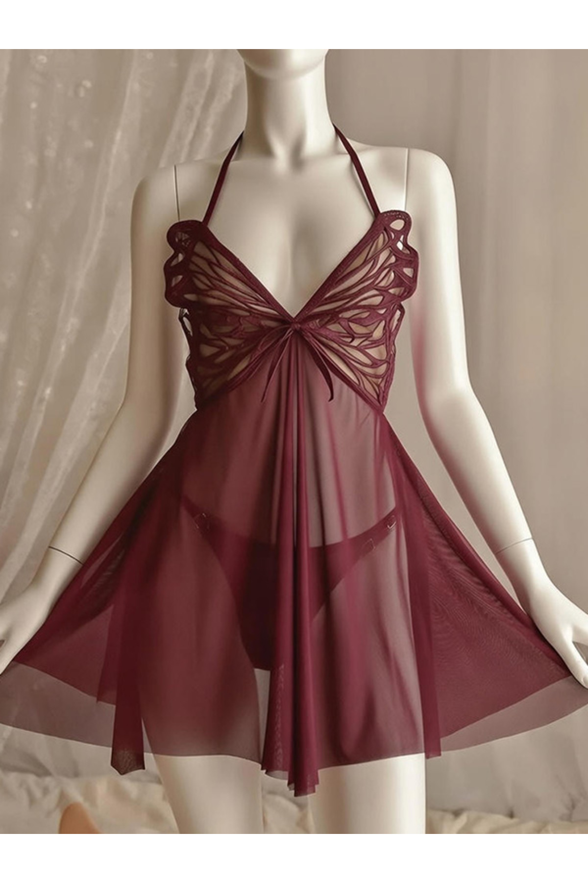 jesica bella Bordo Kelebek Nakışlı Şifon Gecelik - Mürdüm Transparan Detaylı Çeyizlik Babydoll Takımı - LB-192