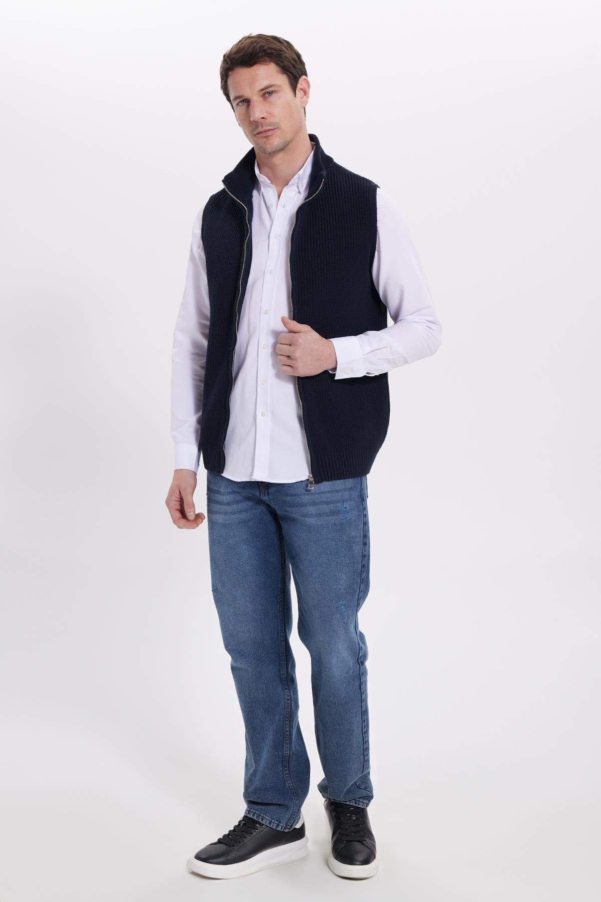 Tudors  Erkek Standart Fit Normal Kesim Fermuarlı Dik Yaka Sıcak Tutan Lacivert Triko Yelek - Görsel 5