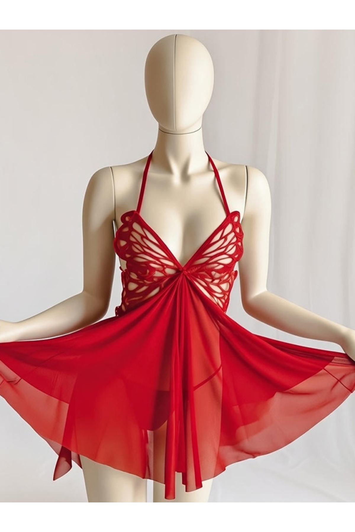 jesica bella Kırmızı Kelebek Nakışlı Fantazi Gecelik - Şifon Karışımlı Sırt Dekolteli Babydoll Takımı - LB-195