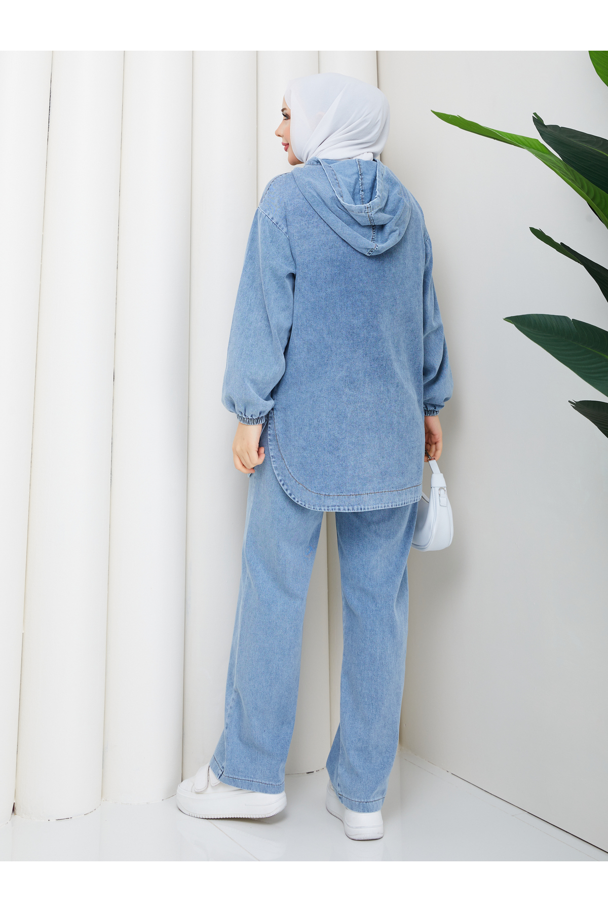 Pamuk Butik  Kadın Pantolonlu İkili Kanguru Cepli Salaş Kot Takım - Görsel 8
