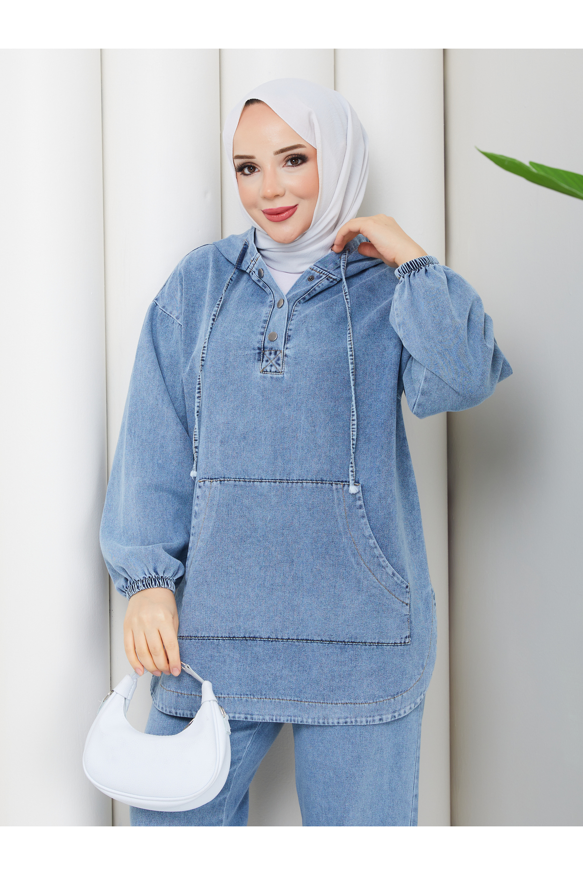 Pamuk Butik  Kadın Pantolonlu İkili Kanguru Cepli Salaş Kot Takım - Görsel 5