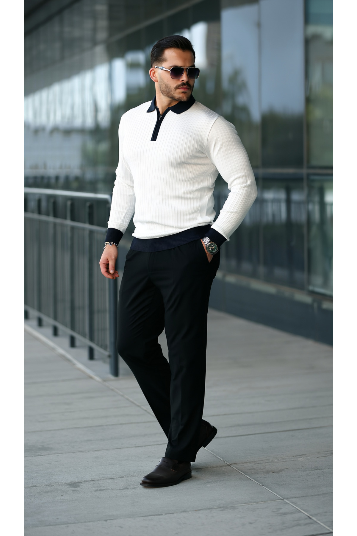 viyamen Erkek Beyaz Likralı Slim Fit Yarım Fermuarlı Triko Kazak görsel 4