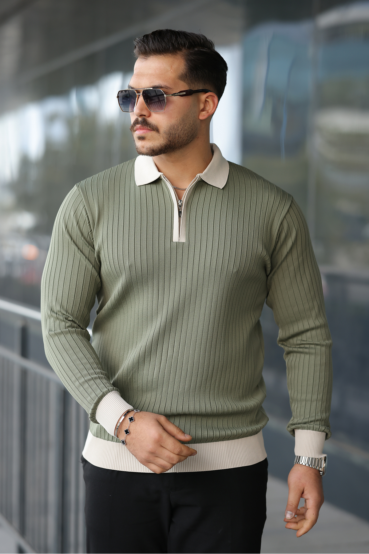 viyamen  Erkek Yeşil Likralı Slim Fit Yarım Fermuarlı Triko Kazak