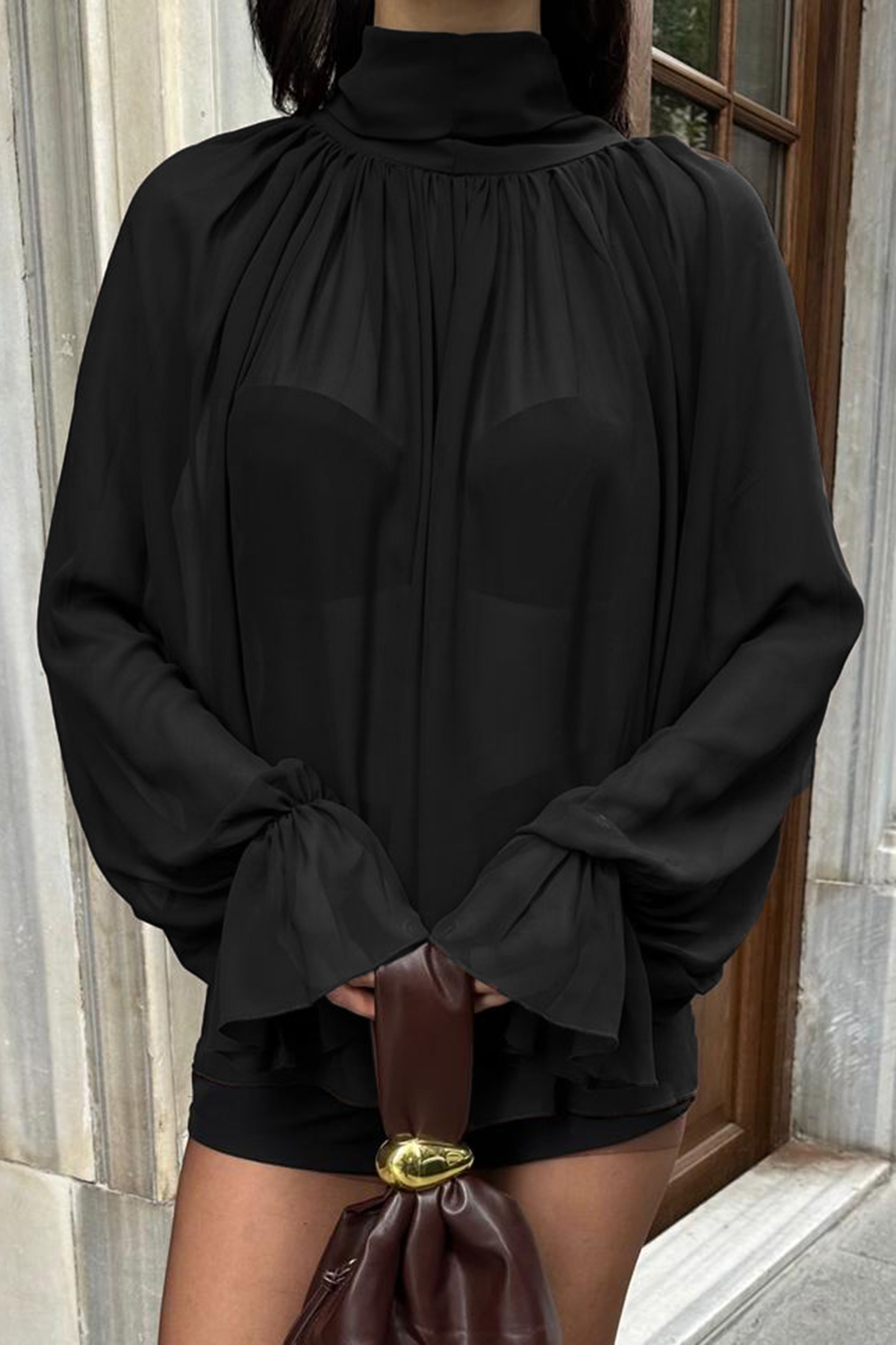 Trend Alaçatı Stili  Kadın Siyah Dik Yaka Pelerin Kesim Prenses Kol Şifon Bluz Alc-X14853 - Görsel 5