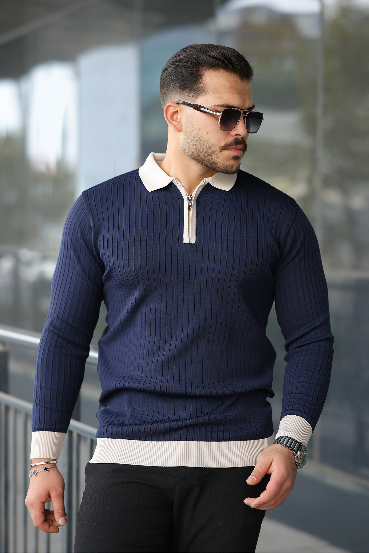 viyamen Erkek Lacivert Likralı Slim Fit Yarım Fermuarlı Triko Kazak görsel 5