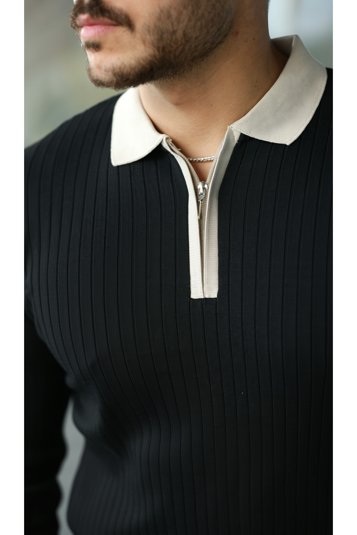 viyamen  Erkek Siyah Likralı Slim Fit Yarım Fermuarlı Triko Kazak - Görsel 5