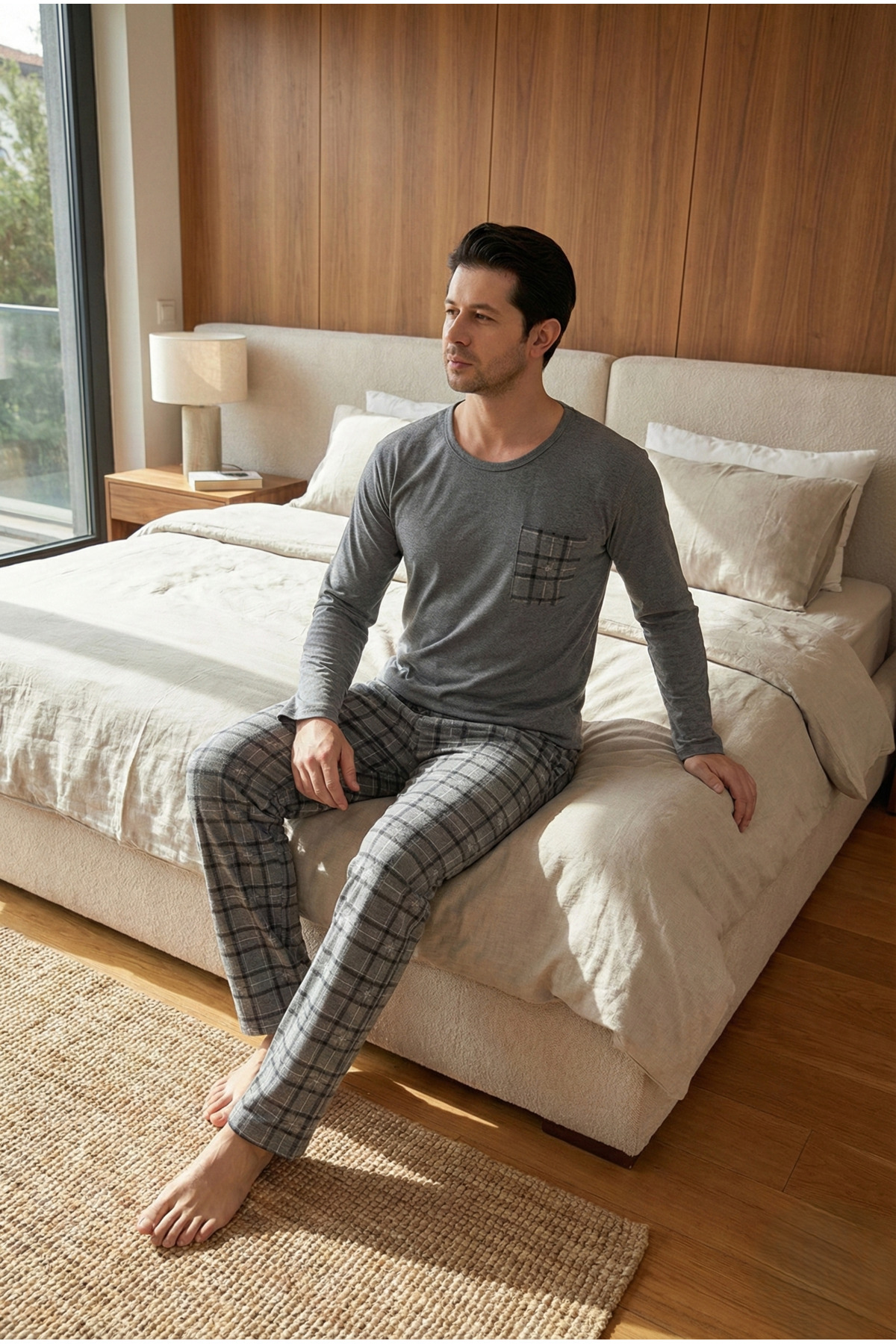 STELLAPİNK  Erkek Penye Ekoseli Gri Uzun Pijama Takımı - Görsel 2