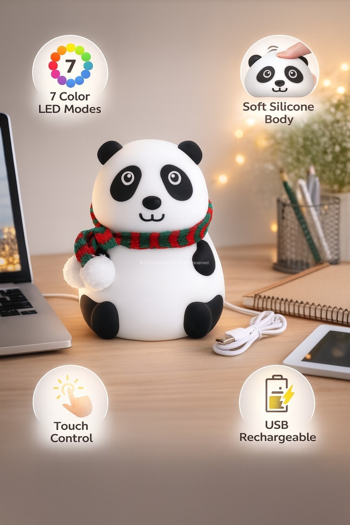 busstier Atkılı Panda Figürlü Silikon RGB Gece Lambası USB Şarjlı