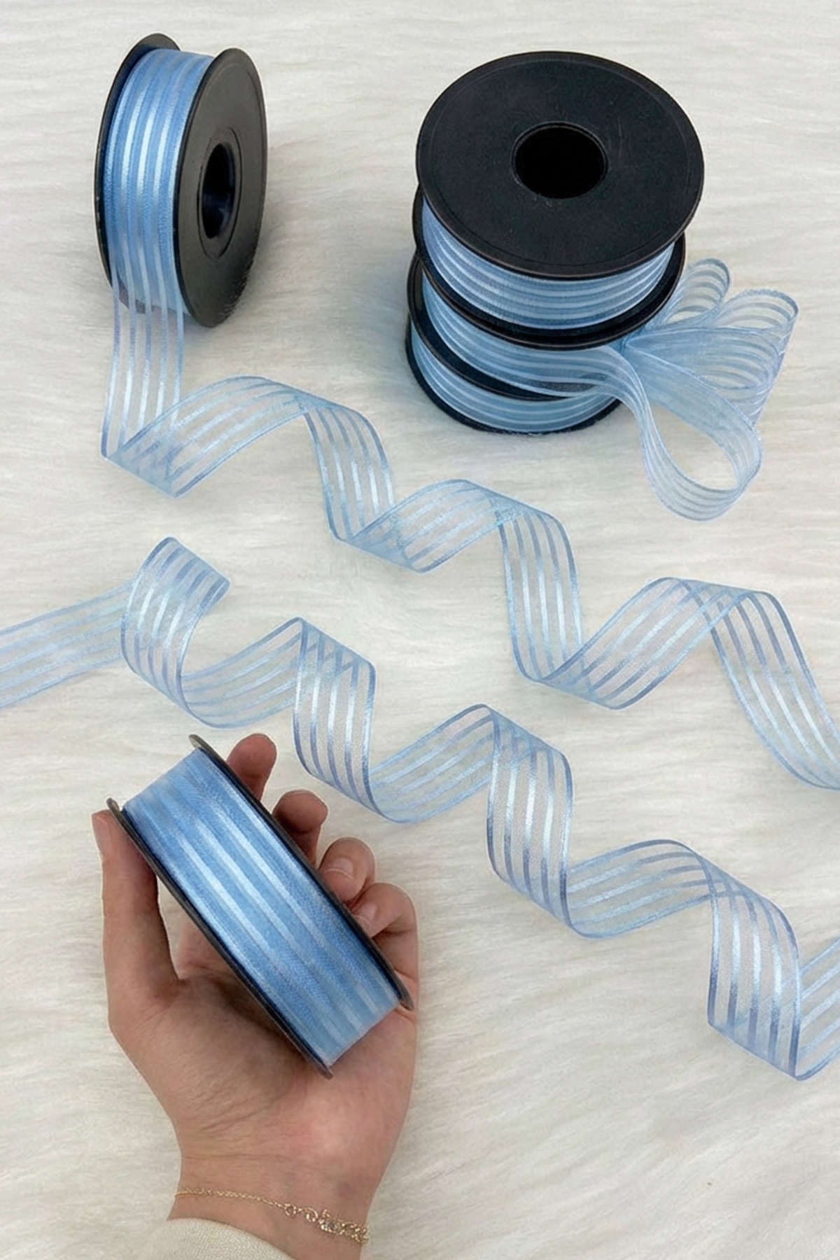 Baby Blue Hilton Striped Chiffon Ribbon 2.5 cm 20 mt, Bride, Bundle, Engagement, Dowry, Gift, Decoration