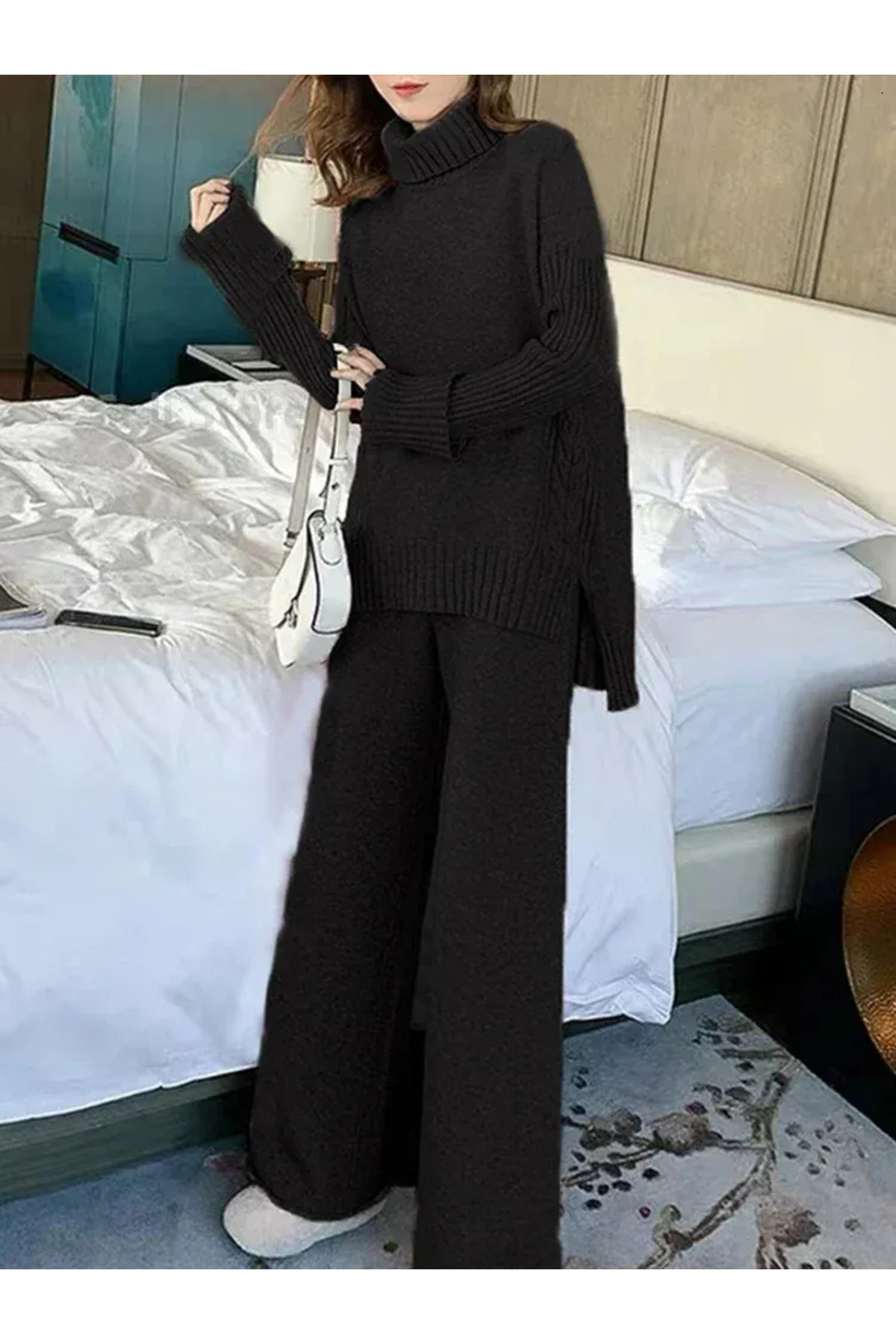 NEWCO Γυναικείο σετ πλεκτού με κοτλέ πλεκτά μοτίβα στο πλάι άνοιγμα