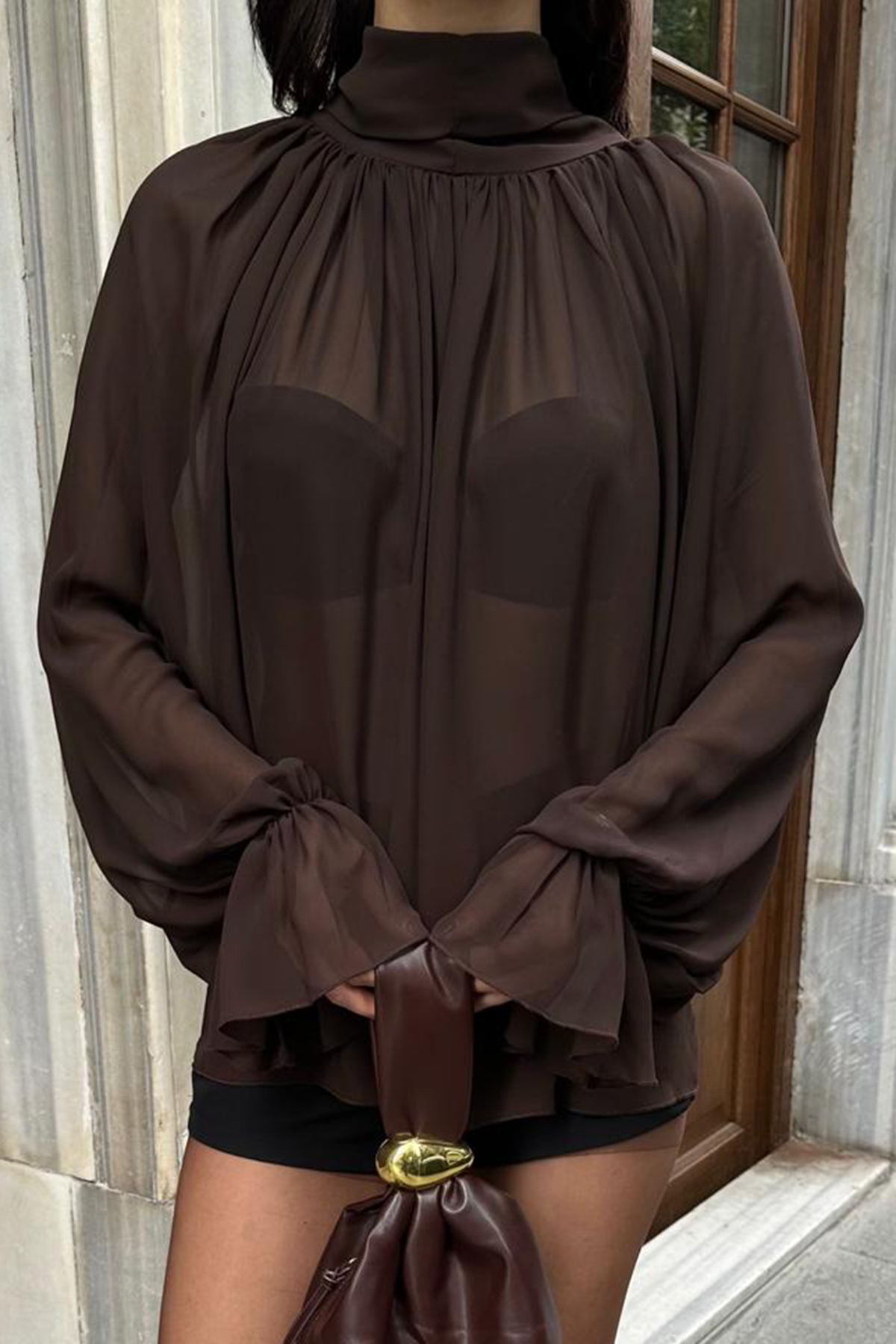 Trend Alaçatı Stili  Acı Kahve Dik Yaka Pelerin Kesim Prenses Kol Şifon Bluz ALC-X14853 - Görsel 6